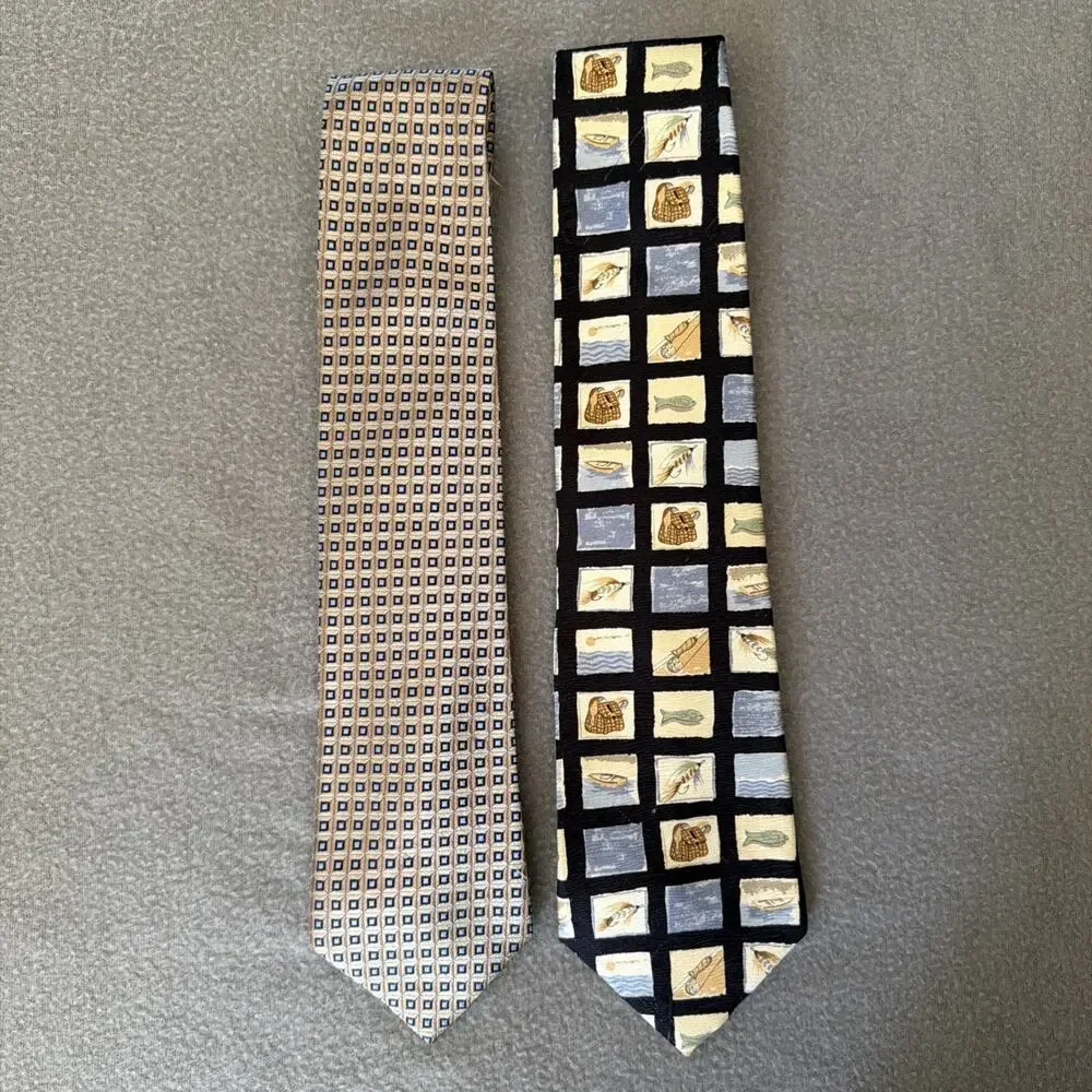 Nautica 2 Silk Neckties Ties Blue Fly Fishing Trout Squares USA Gift Lot Bundle